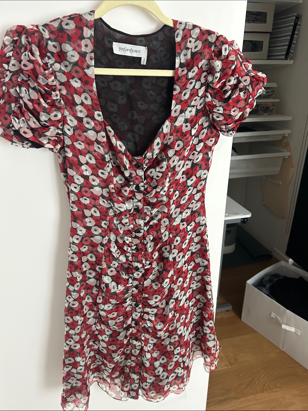 Yves Saint Laurent Red, White & Black Floral Silk Dress